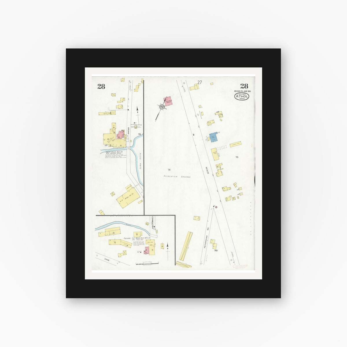 Old map wall art mockup — black gallery frame with white mat — Sanborn Fire Insurance Map from Athol, Worcester County, Massachusetts (1936), Sheet #0028