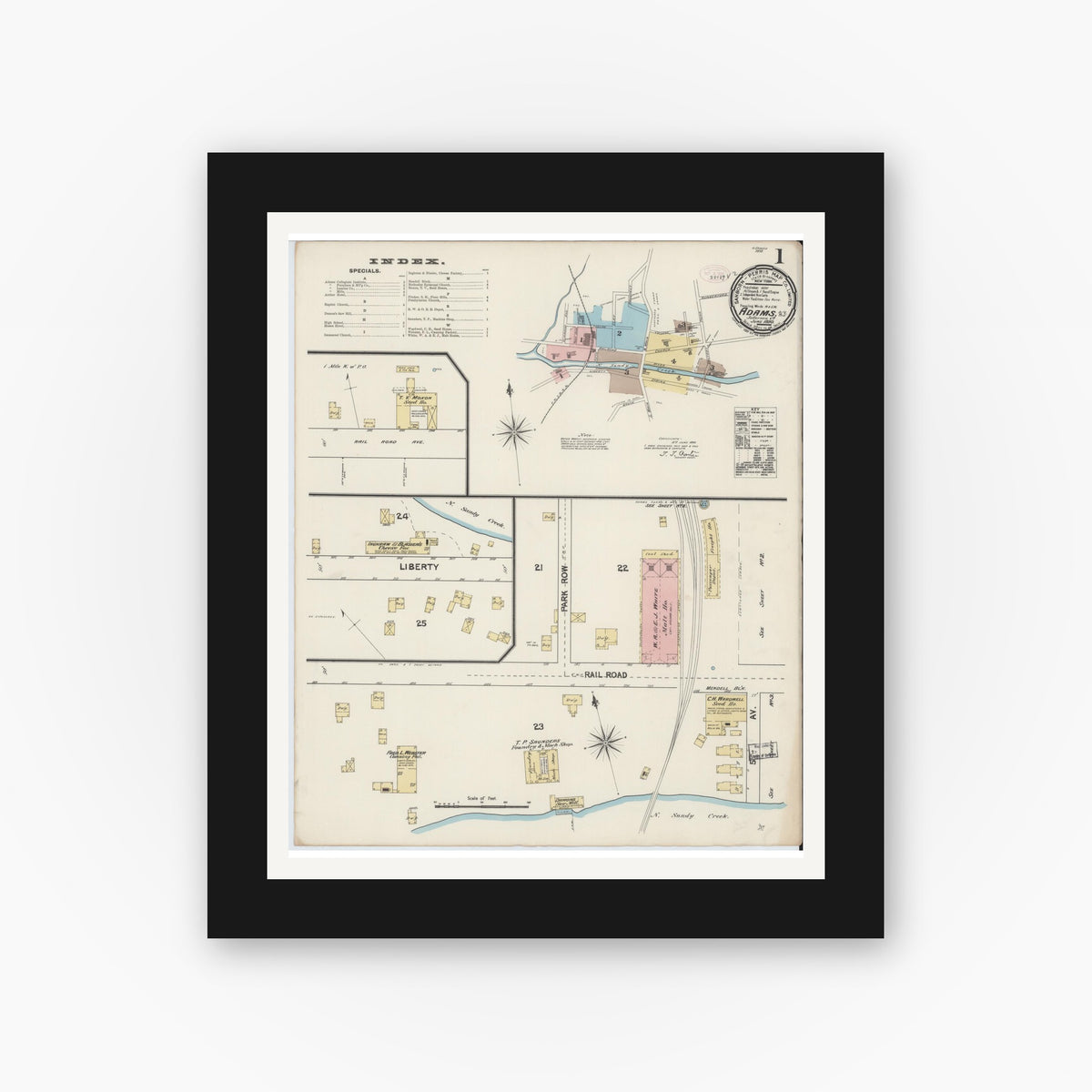 Old map wall art mockup — black gallery frame with white mat — Sanborn Fire Insurance Map from Adams, Jefferson County, New York (1890) - Complete Map Set
