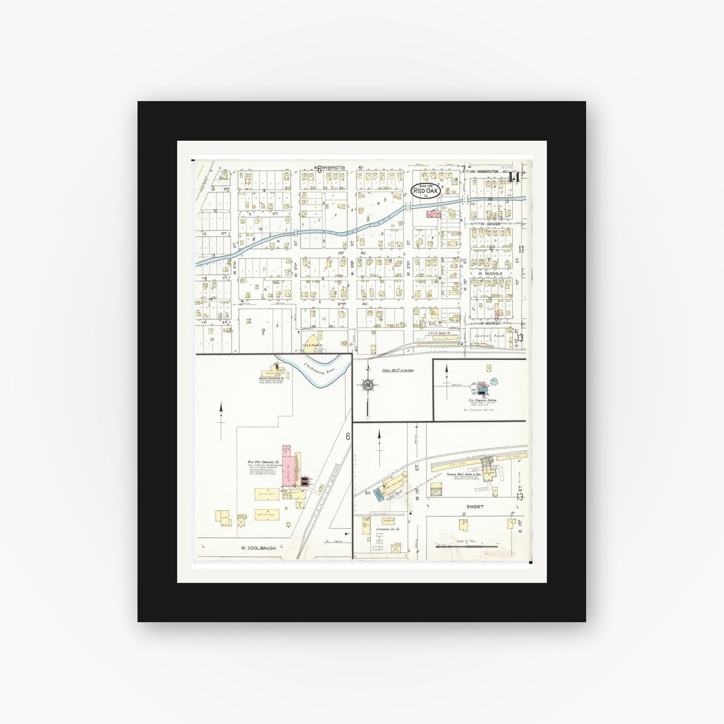 Old map wall art mockup — black gallery frame with white mat — Sanborn Fire Insurance Map from Red Oak, Montgomery County, Iowa (1914), Sheet #0014