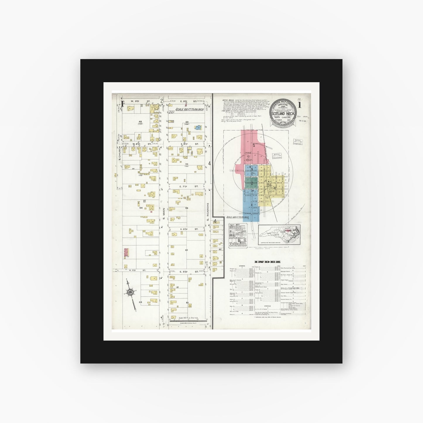 Old map wall art mockup — black gallery frame with white mat — Sanborn Fire Insurance Map from Scotland Neck, Halifax County, North Carolina (1923) - Complete Map Set