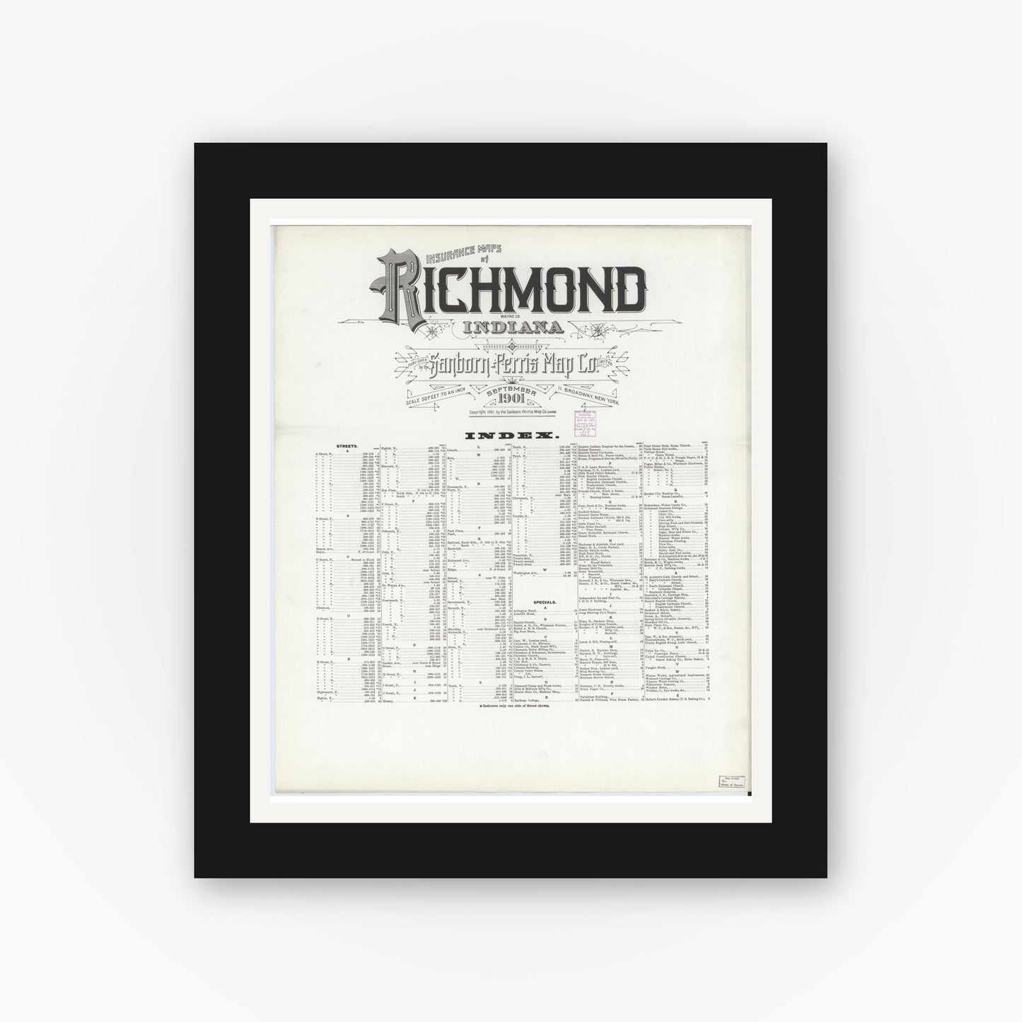 Old map wall art mockup — black gallery frame with white mat — Sanborn Fire Insurance Map from Richmond, Wayne County, Indiana (1901), Sheet #0001