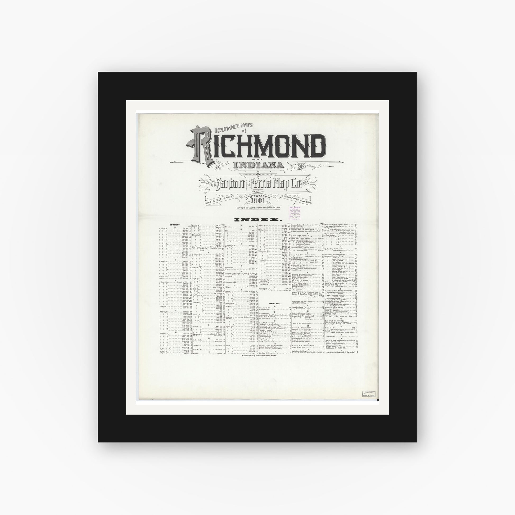 Old map wall art mockup — black gallery frame with white mat — Sanborn Fire Insurance Map from Richmond, Wayne County, Indiana (1901), Sheet #0001