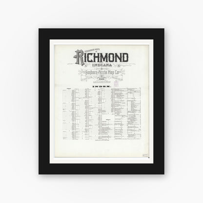 Old map wall art mockup — black gallery frame with white mat — Sanborn Fire Insurance Map from Richmond, Wayne County, Indiana (1901), Sheet #0001