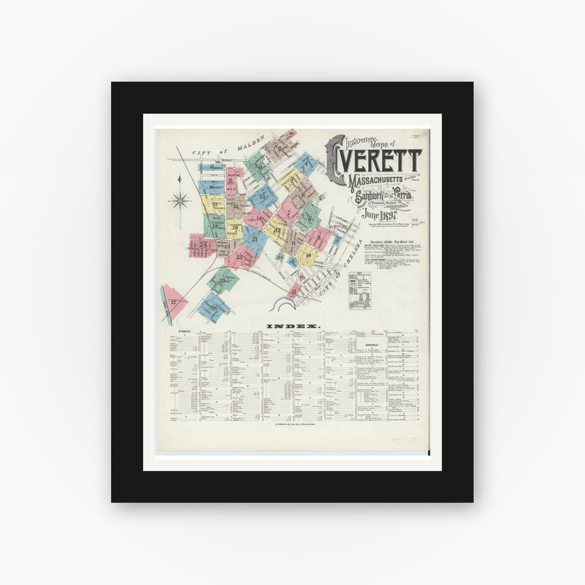 Old map wall art mockup — black gallery frame with white mat — Sanborn Fire Insurance Map from Everett, Middlesex County, Massachusetts (1897), Sheet #0001
