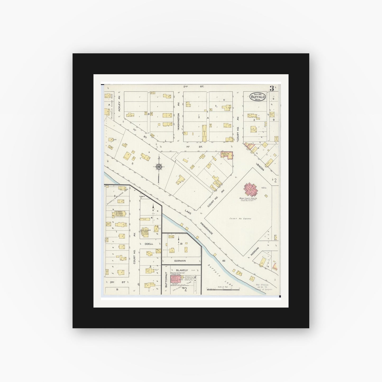 Old map wall art mockup — black gallery frame with white mat — Sanborn Fire Insurance Map from Buffalo, Wright County, Minnesota (1915), Sheet #0003