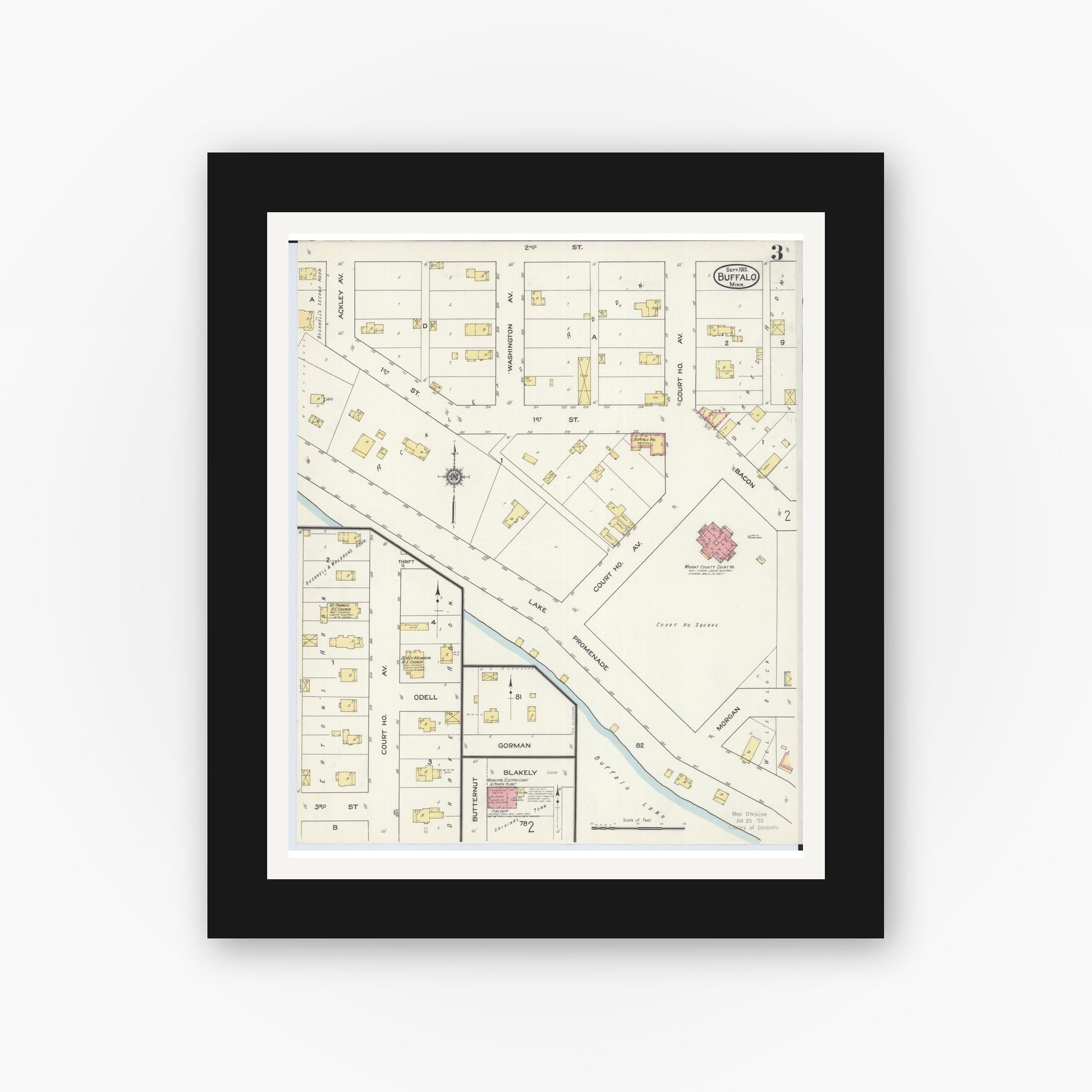 Old map wall art mockup — black gallery frame with white mat — Sanborn Fire Insurance Map from Buffalo, Wright County, Minnesota (1915), Sheet #0003