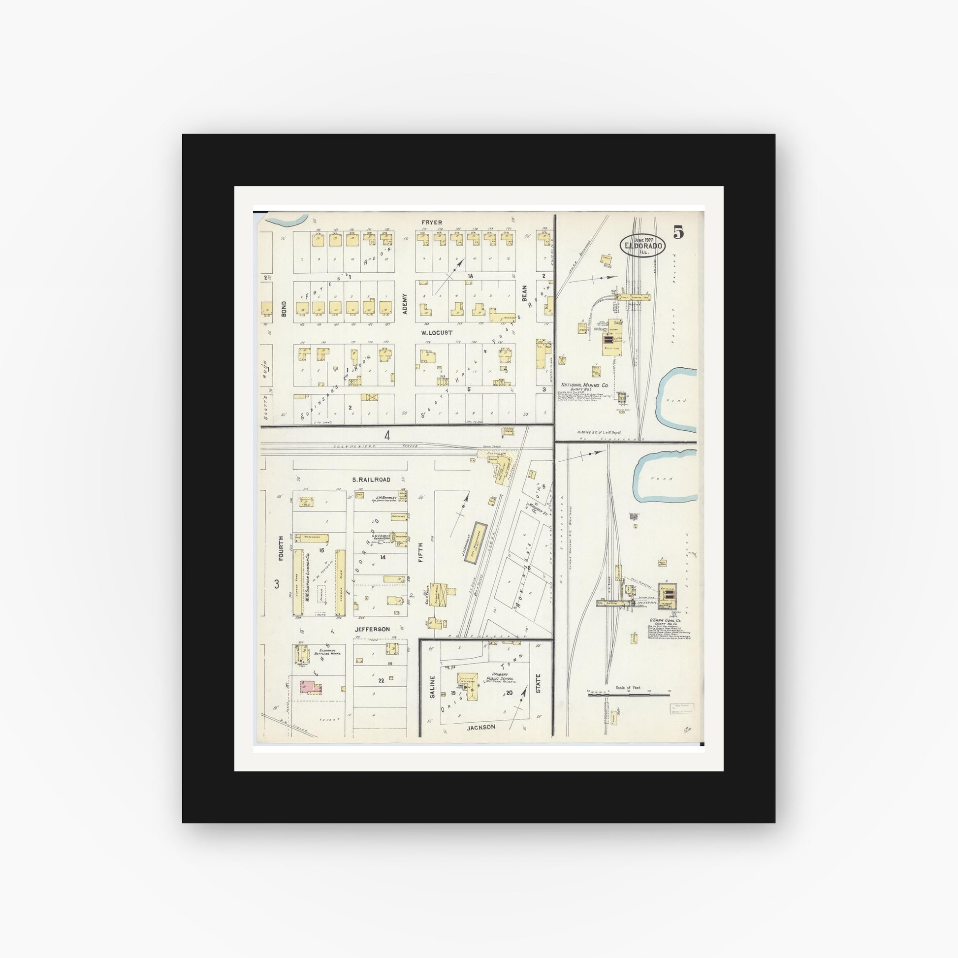 Old map wall art mockup — black gallery frame with white mat — Sanborn Fire Insurance Map from Eldorado, Saline County, Illinois (1907), Sheet #0005