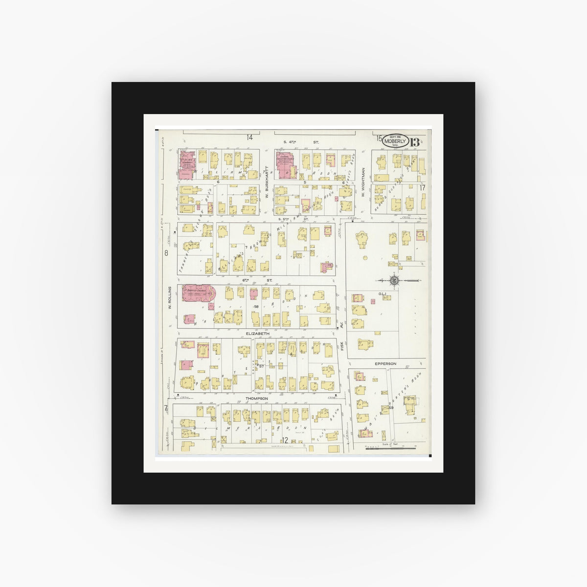 Old map wall art mockup — black gallery frame with white mat — Sanborn Fire Insurance Map from Moberly, Randolph County, Missouri (1916), Sheet #0013