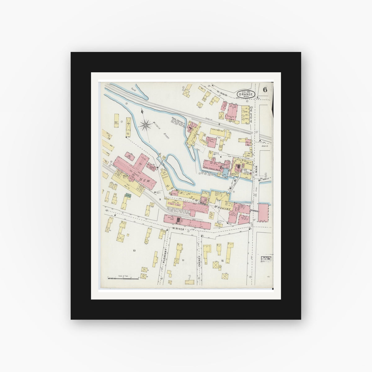 Old map wall art mockup — black gallery frame with white mat — Sanborn Fire Insurance Map from Orange, Franklin County, Massachusetts (1895), Sheet #0006
