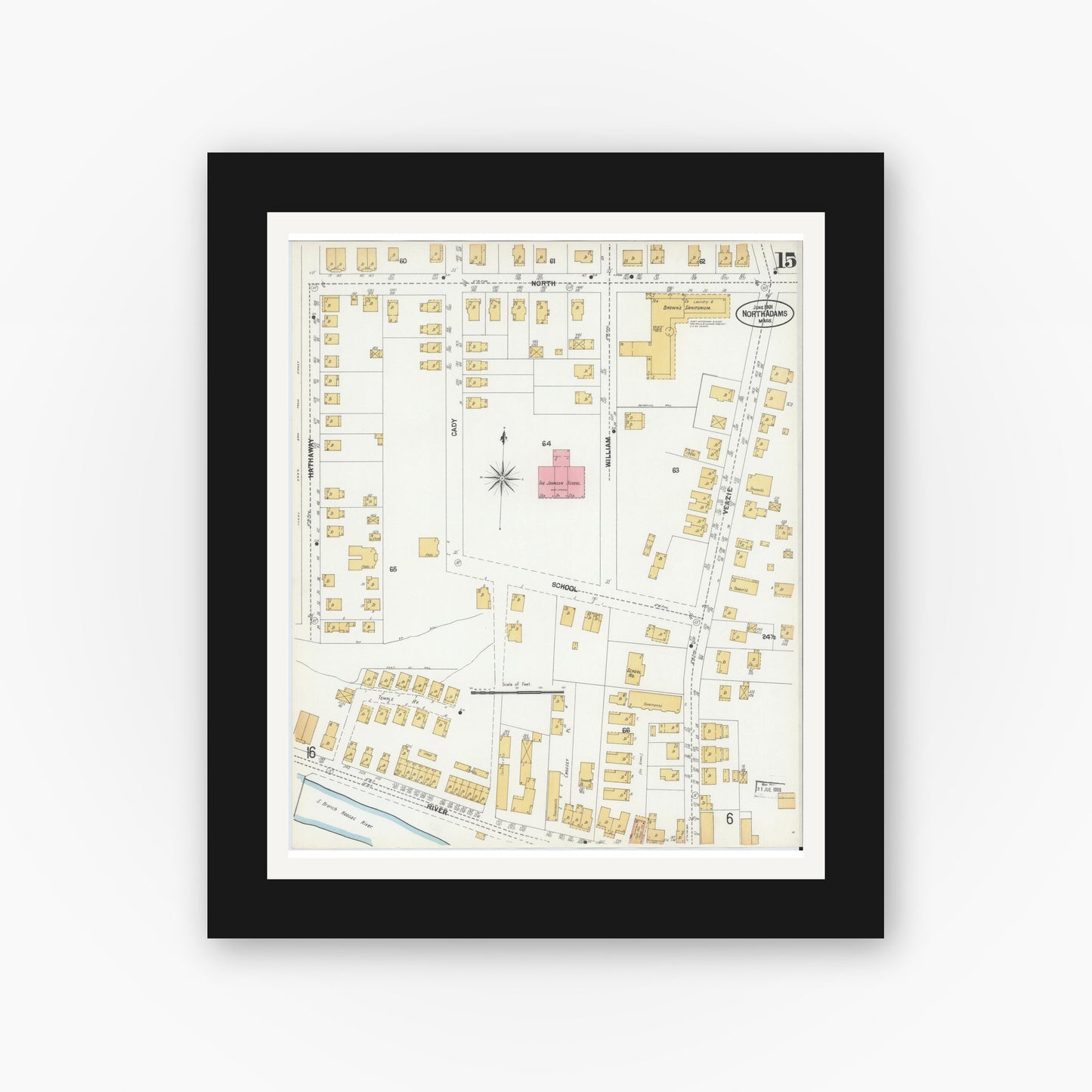 Old map wall art mockup — black gallery frame with white mat — Sanborn Fire Insurance Map from North Adams, Berkshire County, Massachusetts (1901), Sheet #0015