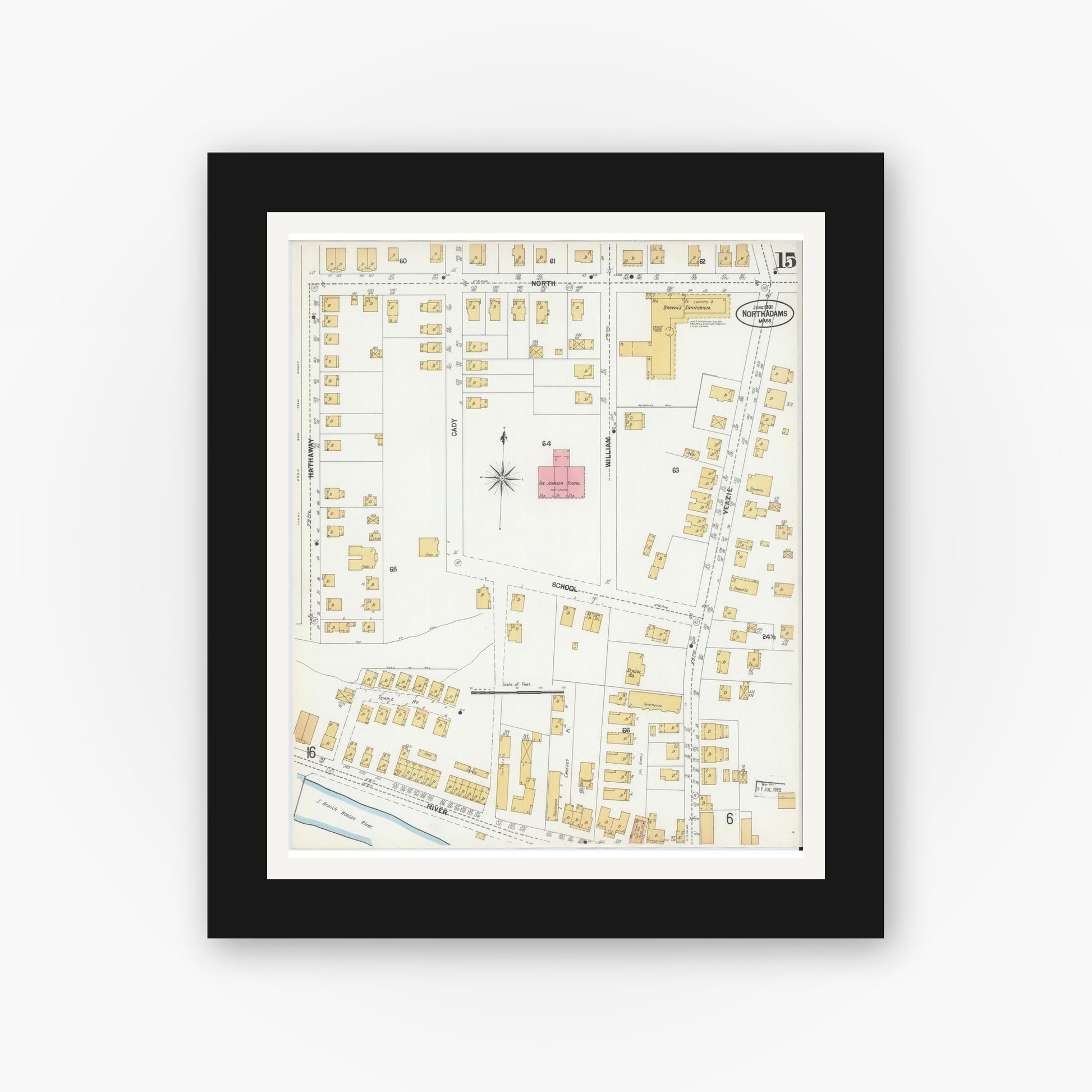 Old map wall art mockup — black gallery frame with white mat — Sanborn Fire Insurance Map from North Adams, Berkshire County, Massachusetts (1901), Sheet #0015