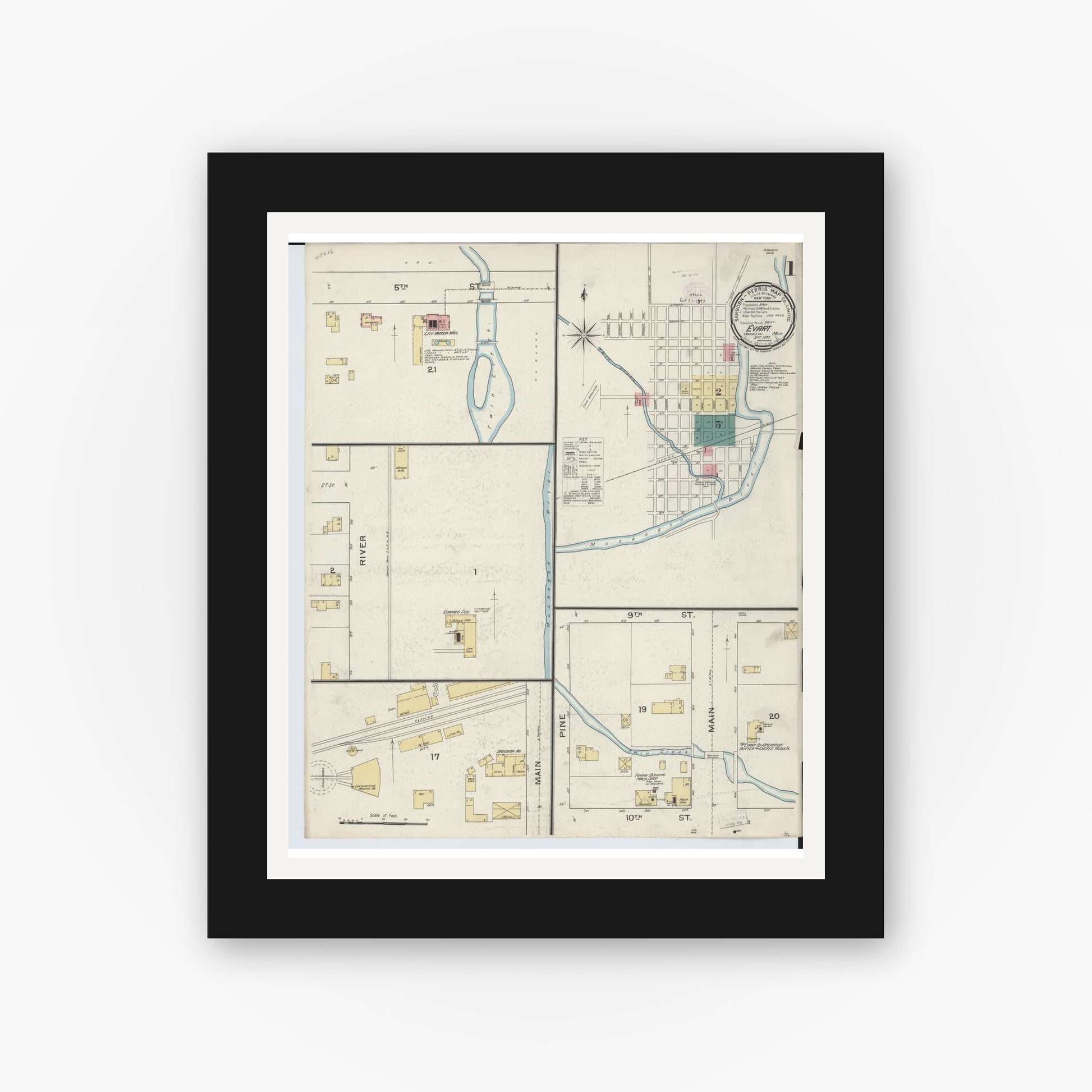 Old map wall art mockup — black gallery frame with white mat — Sanborn Fire Insurance Map from Evart, Osceola County, Michigan (1893) - Complete Map Set