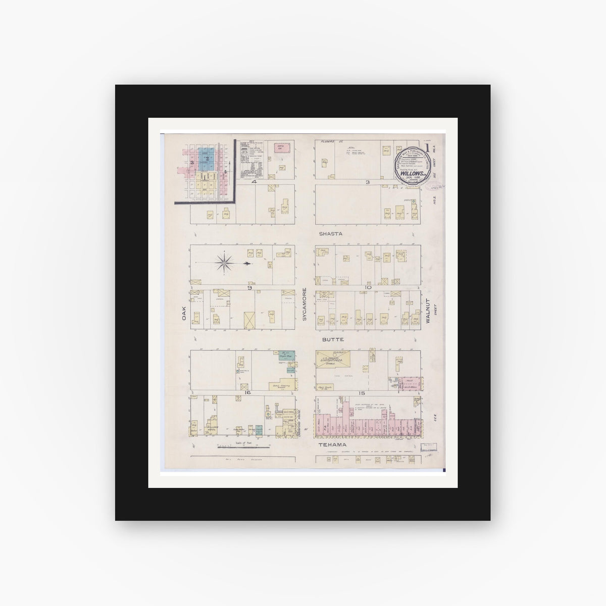 Old map wall art mockup — black gallery frame with white mat — Sanborn Fire Insurance Map from Willows, Glenn County, California (1886) - Complete Map Set