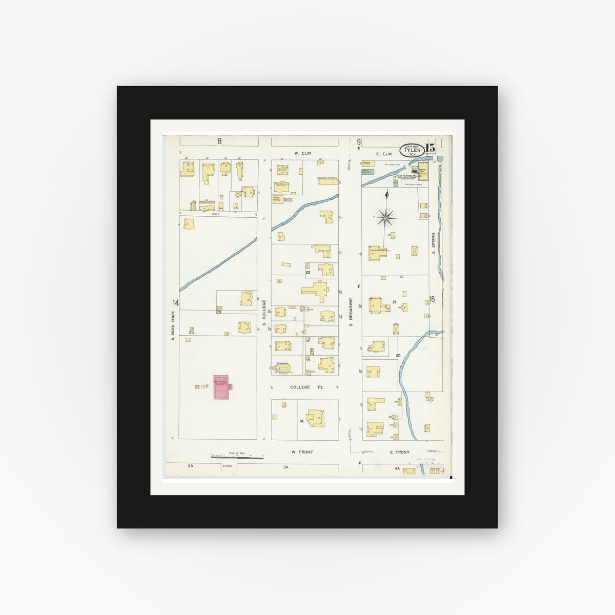 Old map wall art mockup — black gallery frame with white mat — Sanborn Fire Insurance Map from Tyler, Smith County, Texas (1907), Sheet #0015