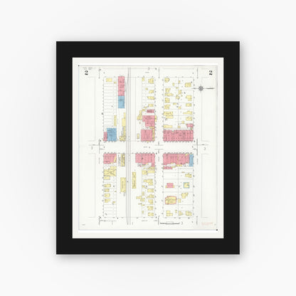 Old map wall art mockup — black gallery frame with white mat — Sanborn Fire Insurance Map from Ovid, Clinton County, Michigan (1934), Sheet #0002