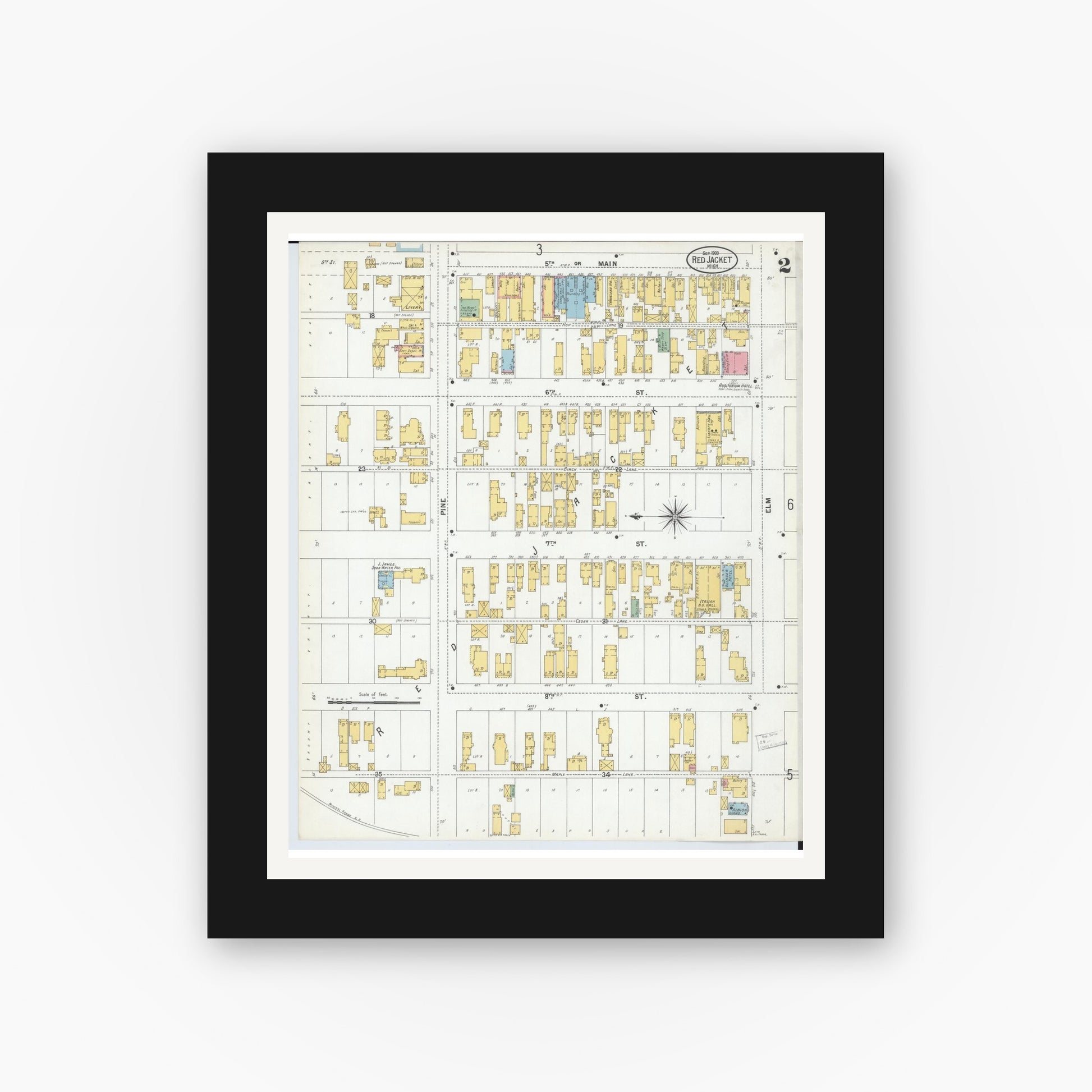 Old map wall art mockup — black gallery frame with white mat — Sanborn Fire Insurance Map from Red Jacket, Houghton County, Michigan (1900), Sheet #0002