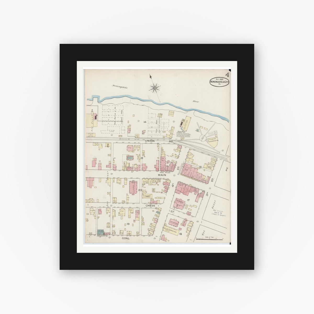 Old map wall art mockup — black gallery frame with white mat — Sanborn Fire Insurance Map from Monongahela City, Washington County, Pennsylvania (1886), Sheet #0004