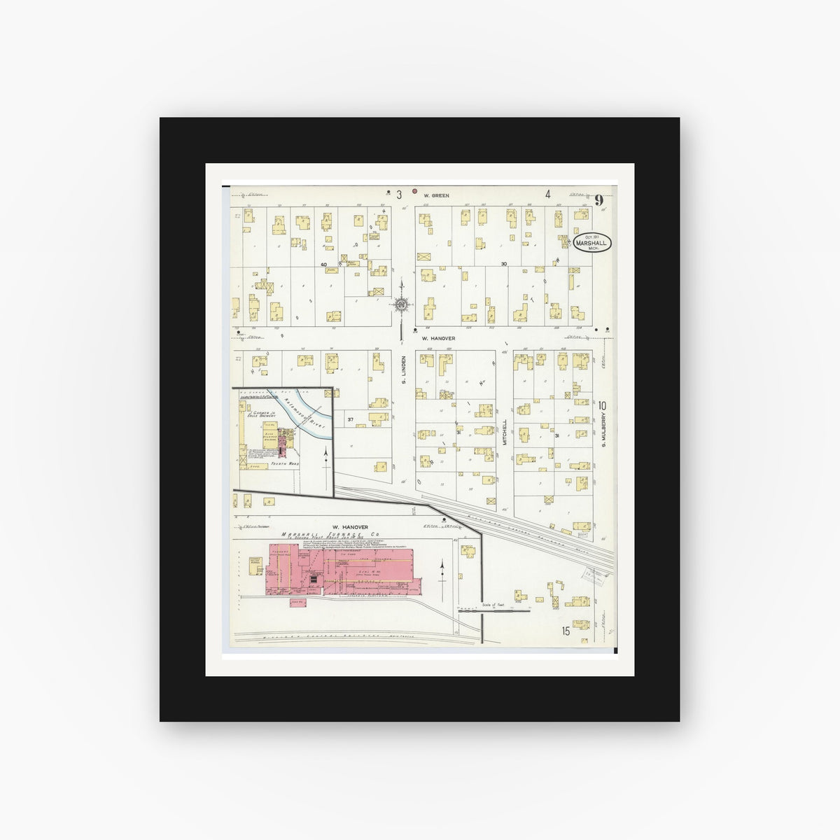 Old map wall art mockup — black gallery frame with white mat — Sanborn Fire Insurance Map from Marshall, Calhoun County, Michigan (1911), Sheet #0009
