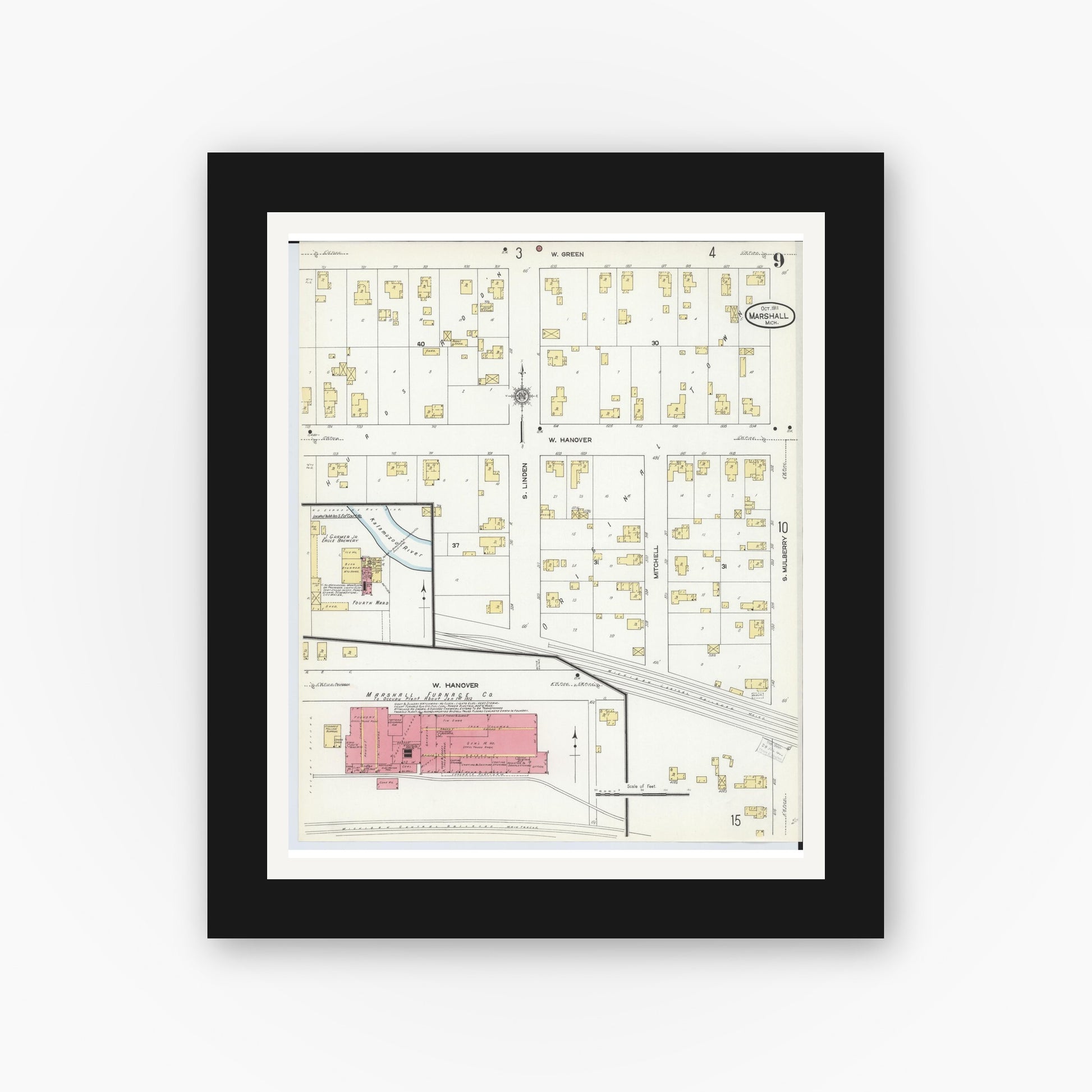 Old map wall art mockup — black gallery frame with white mat — Sanborn Fire Insurance Map from Marshall, Calhoun County, Michigan (1911), Sheet #0009