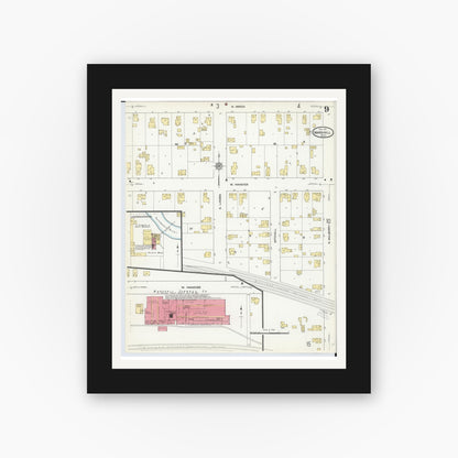 Old map wall art mockup — black gallery frame with white mat — Sanborn Fire Insurance Map from Marshall, Calhoun County, Michigan (1911), Sheet #0009