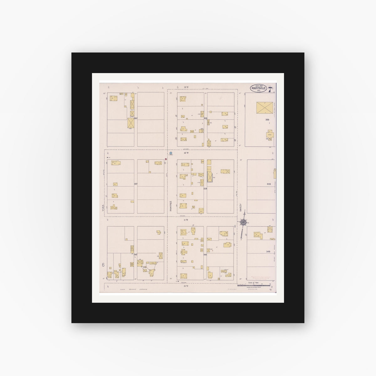 Old map wall art mockup — black gallery frame with white mat — Sanborn Fire Insurance Map from Marysville, Yuba County, California (1921), Sheet #0007