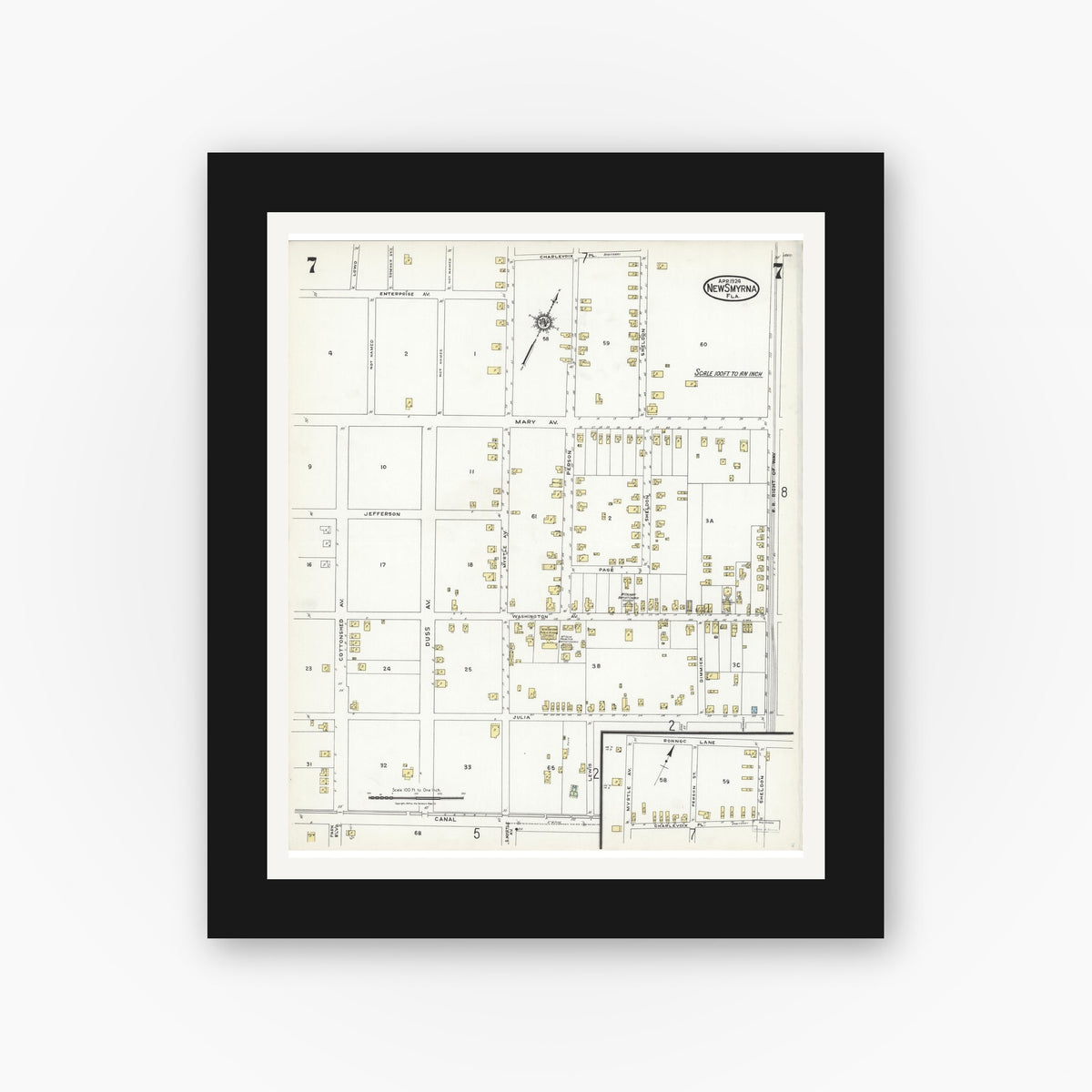 Old map wall art mockup — black gallery frame with white mat — Sanborn Fire Insurance Map from New Smyrna, Valusia County, Florida (1924), Sheet #0007