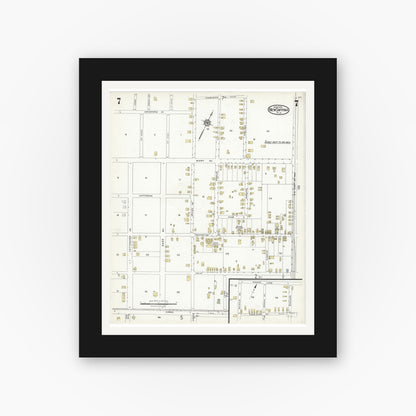 Old map wall art mockup — black gallery frame with white mat — Sanborn Fire Insurance Map from New Smyrna, Valusia County, Florida (1924), Sheet #0007