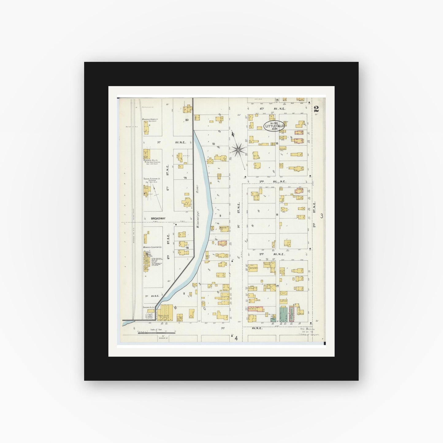 Old map wall art mockup — black gallery frame with white mat — Sanborn Fire Insurance Map from Little Falls, Morrison County, Minnesota (1902), Sheet #0002