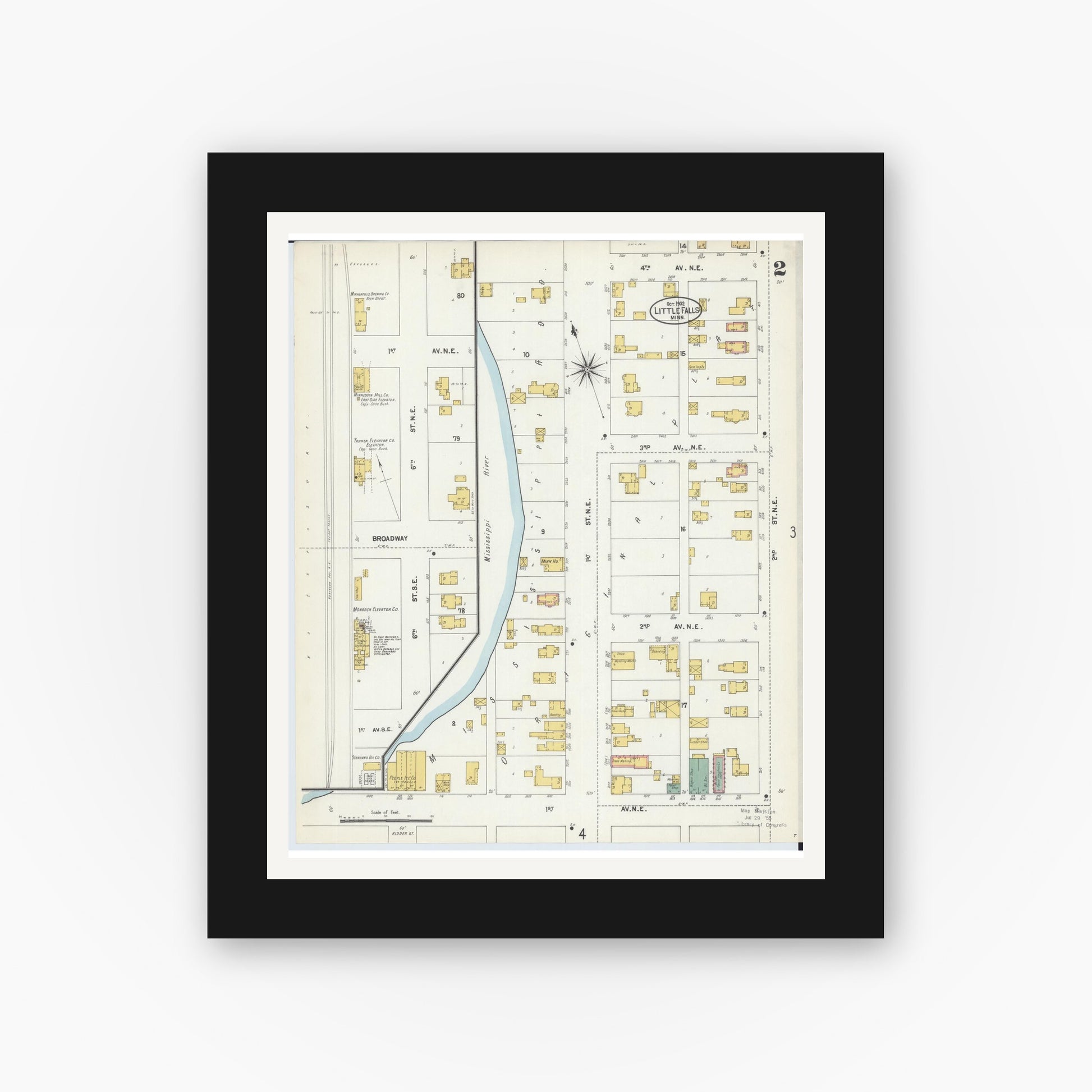 Old map wall art mockup — black gallery frame with white mat — Sanborn Fire Insurance Map from Little Falls, Morrison County, Minnesota (1902), Sheet #0002