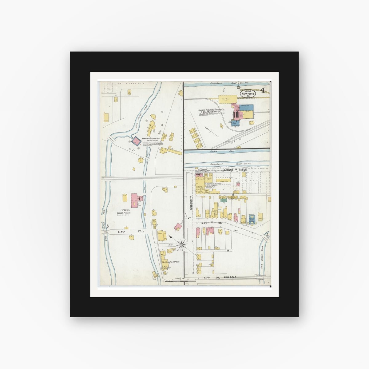 Old map wall art mockup — black gallery frame with white mat — Sanborn Fire Insurance Map from Newport, Perry County, Pennsylvania (1902), Sheet #0004