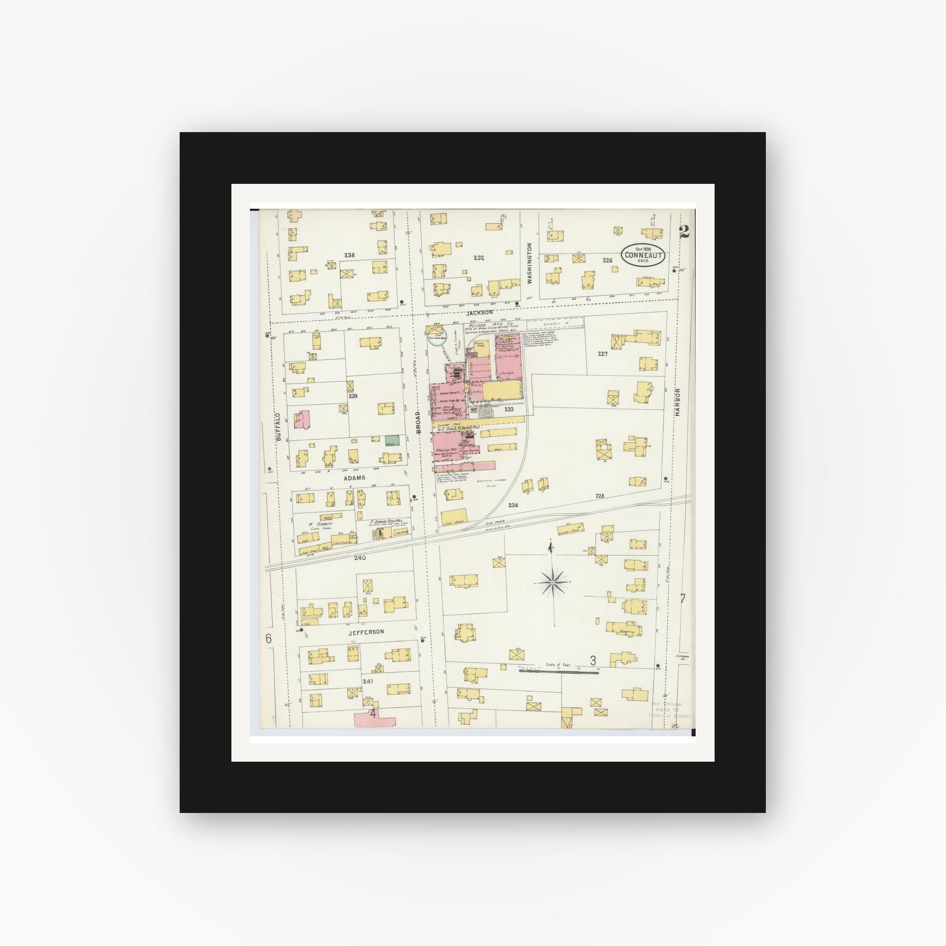 Old map wall art mockup — black gallery frame with white mat — Sanborn Fire Insurance Map from Conneaut, Ashtabula County, Ohio (1898), Sheet #0002