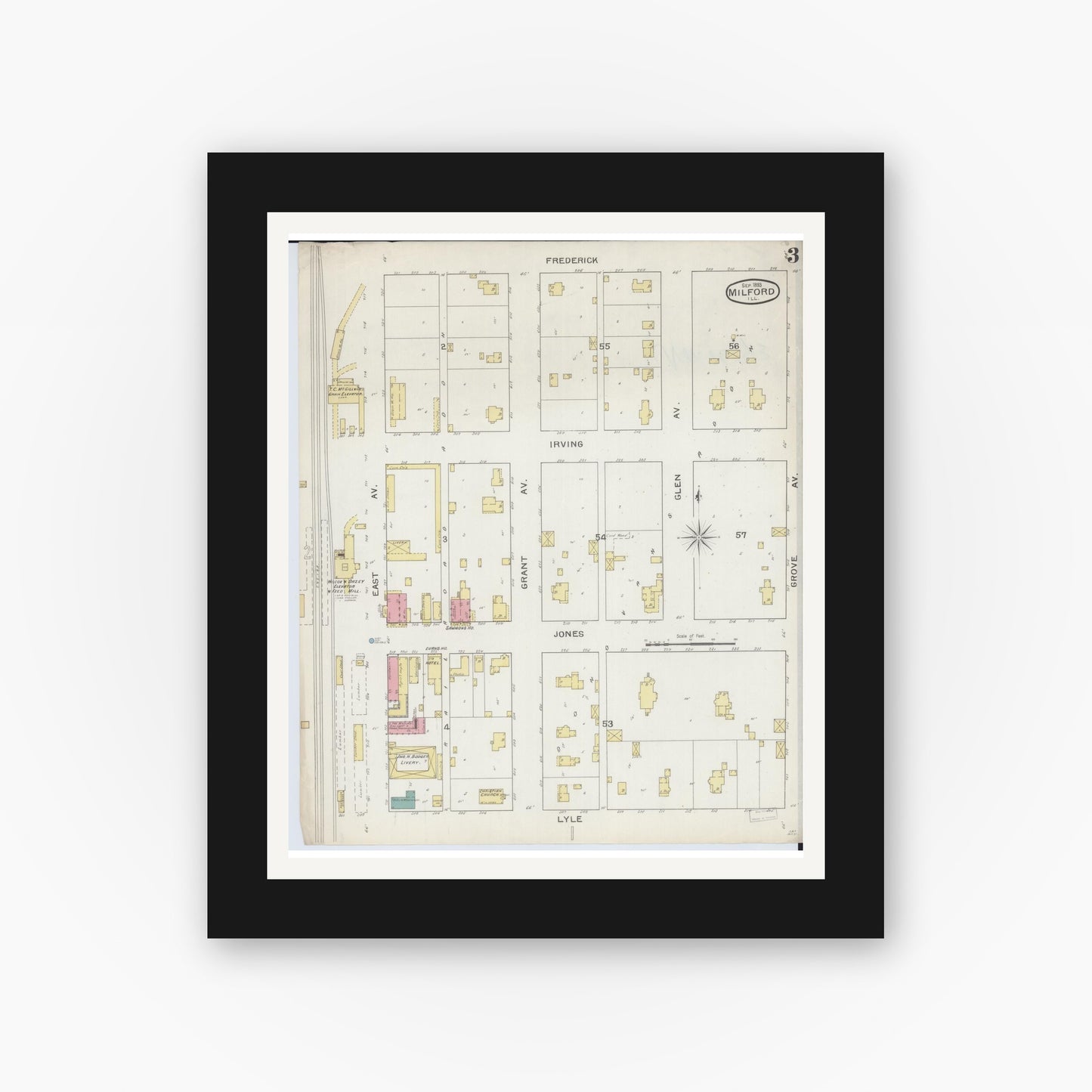 Old map wall art mockup — black gallery frame with white mat — Sanborn Fire Insurance Map from Milford, Iroquois County, Illinois (1893), Sheet #0003