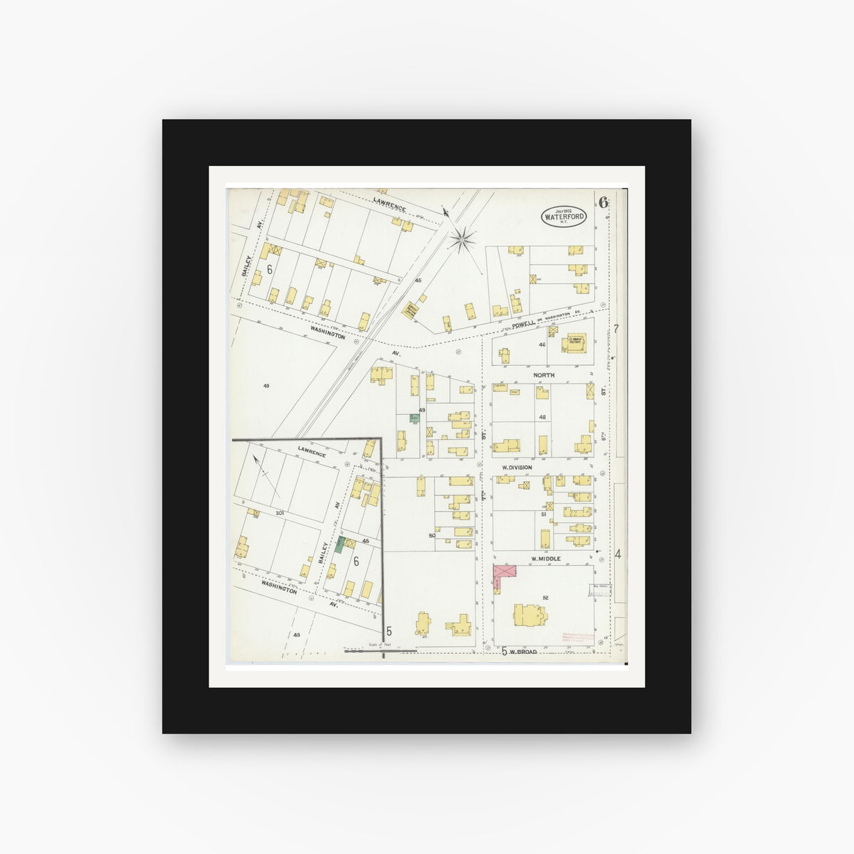 Old map wall art mockup — black gallery frame with white mat — Sanborn Fire Insurance Map from Waterford, Saratoga County, New York (1902), Sheet #0006