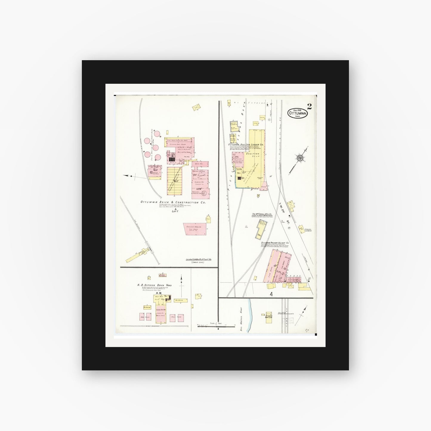 Old map wall art mockup — black gallery frame with white mat — Sanborn Fire Insurance Map from Ottumwa, Wapello County, Iowa (1909), Sheet #0002