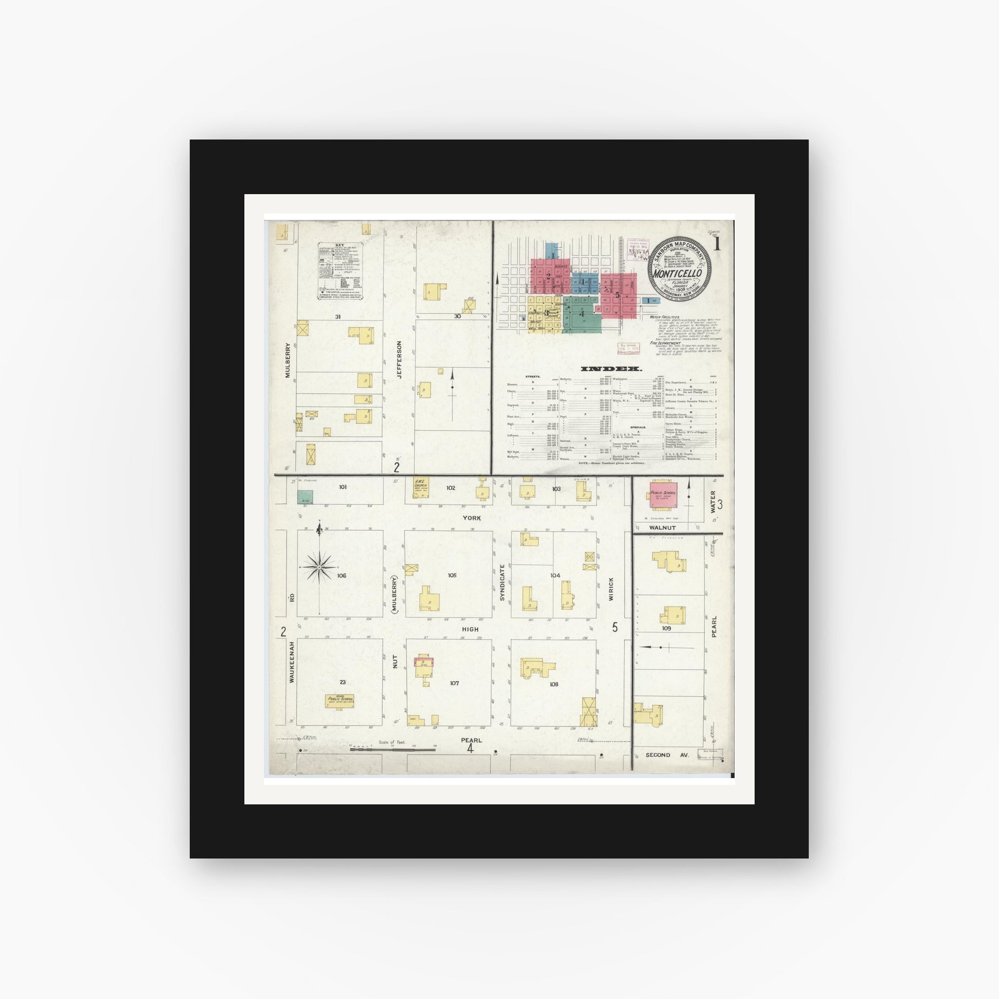 Old map wall art mockup — black gallery frame with white mat — Sanborn Fire Insurance Map from Monticello, Jefferson County, Florida (1909) - Complete Map Set