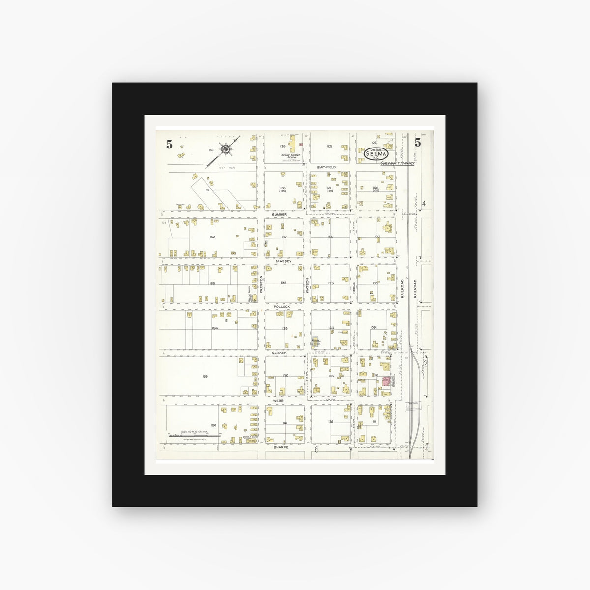 Old map wall art mockup — black gallery frame with white mat — Sanborn Fire Insurance Map from Selma, Johnston County, North Carolina (1923), Sheet #0005