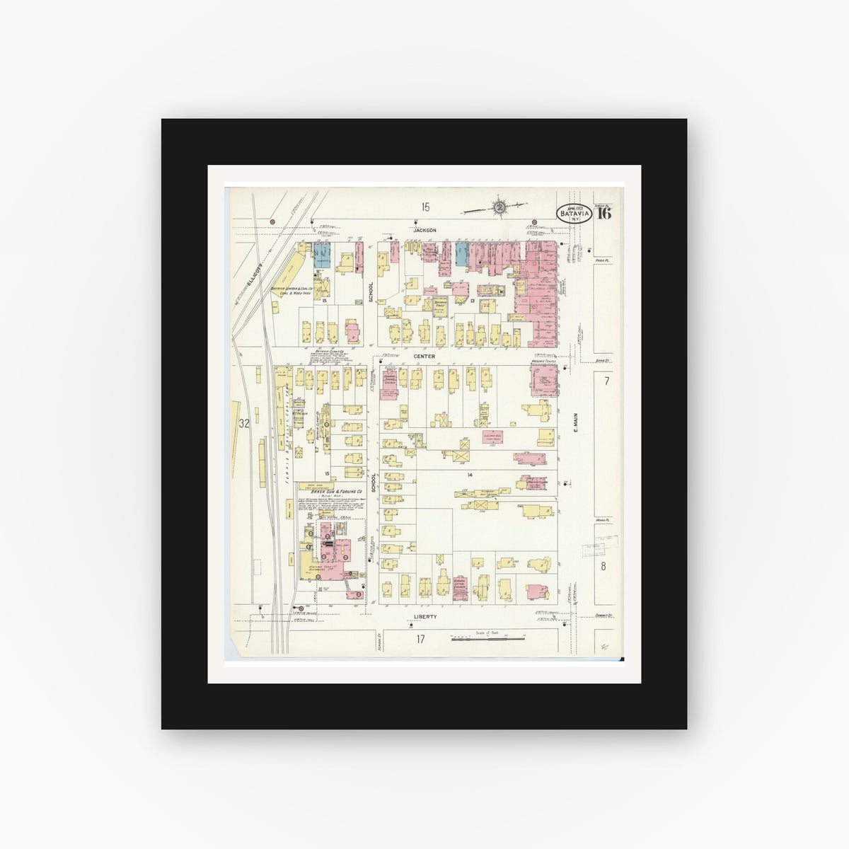 Old map wall art mockup — black gallery frame with white mat — Sanborn Fire Insurance Map from Batavia, Genesee County, New York (1912), Sheet #0016