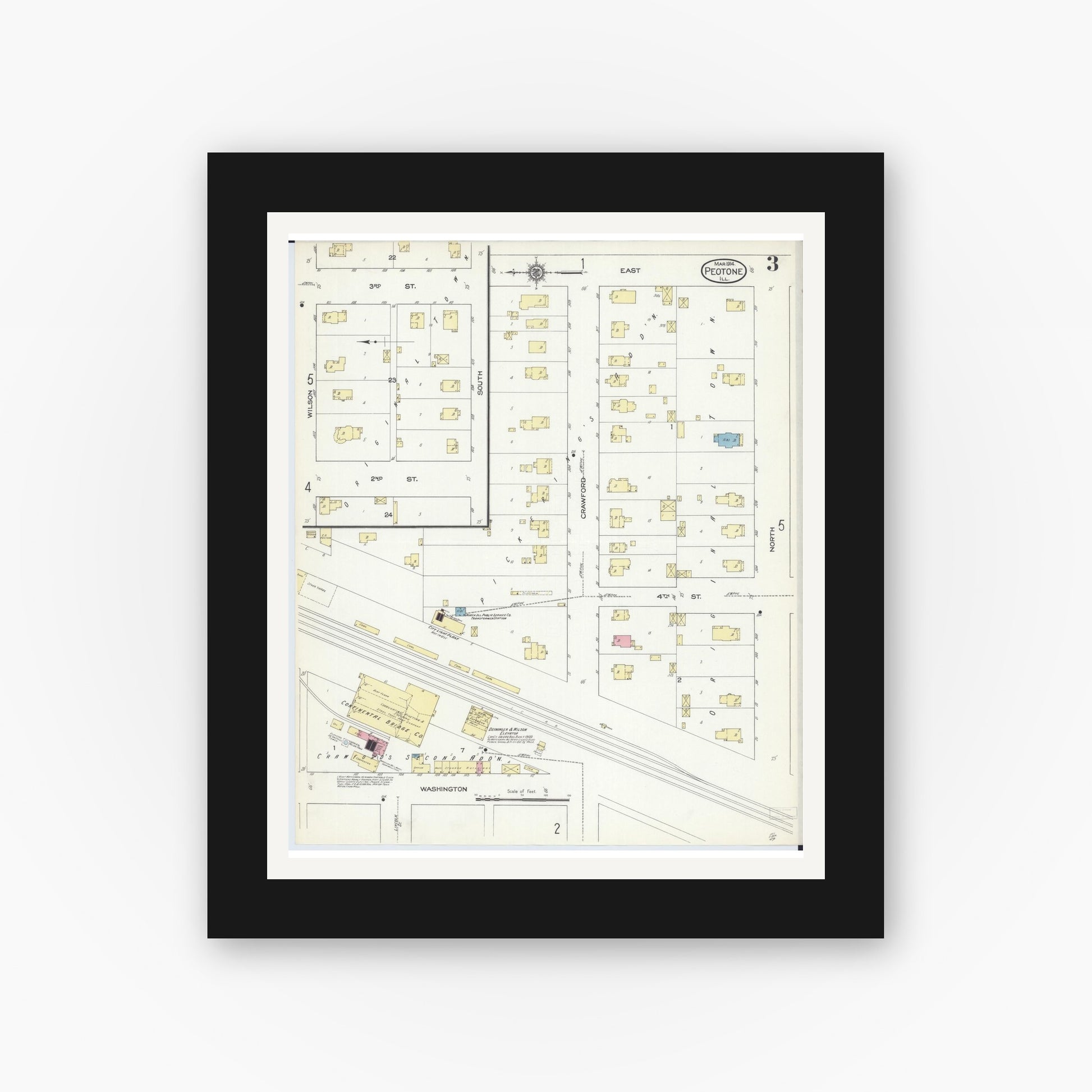 Old map wall art mockup — black gallery frame with white mat — Sanborn Fire Insurance Map from Peotone, Will County, Illinois (1914), Sheet #0003