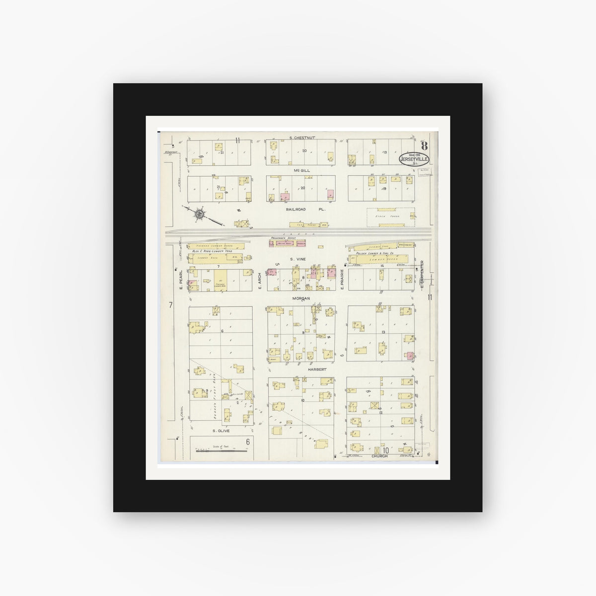Old map wall art mockup — black gallery frame with white mat — Sanborn Fire Insurance Map from Jerseyville, Jersey County, Illinois (1914), Sheet #0008