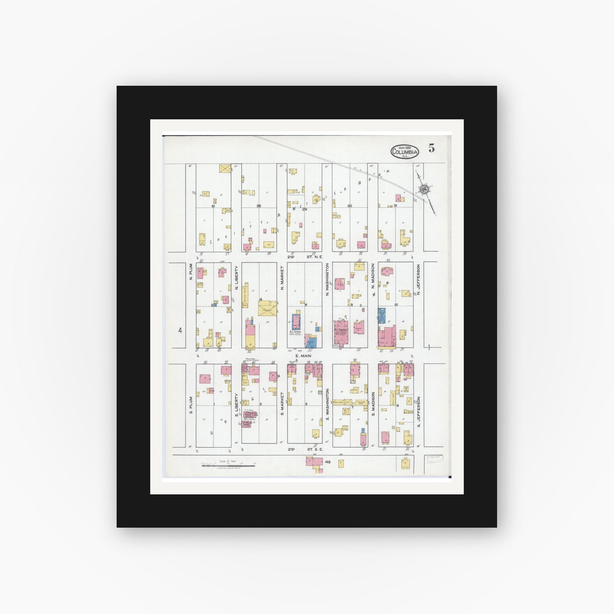 Old map wall art mockup — black gallery frame with white mat — Sanborn Fire Insurance Map from Columbia, Monroe County, Illinois (1919), Sheet #0005
