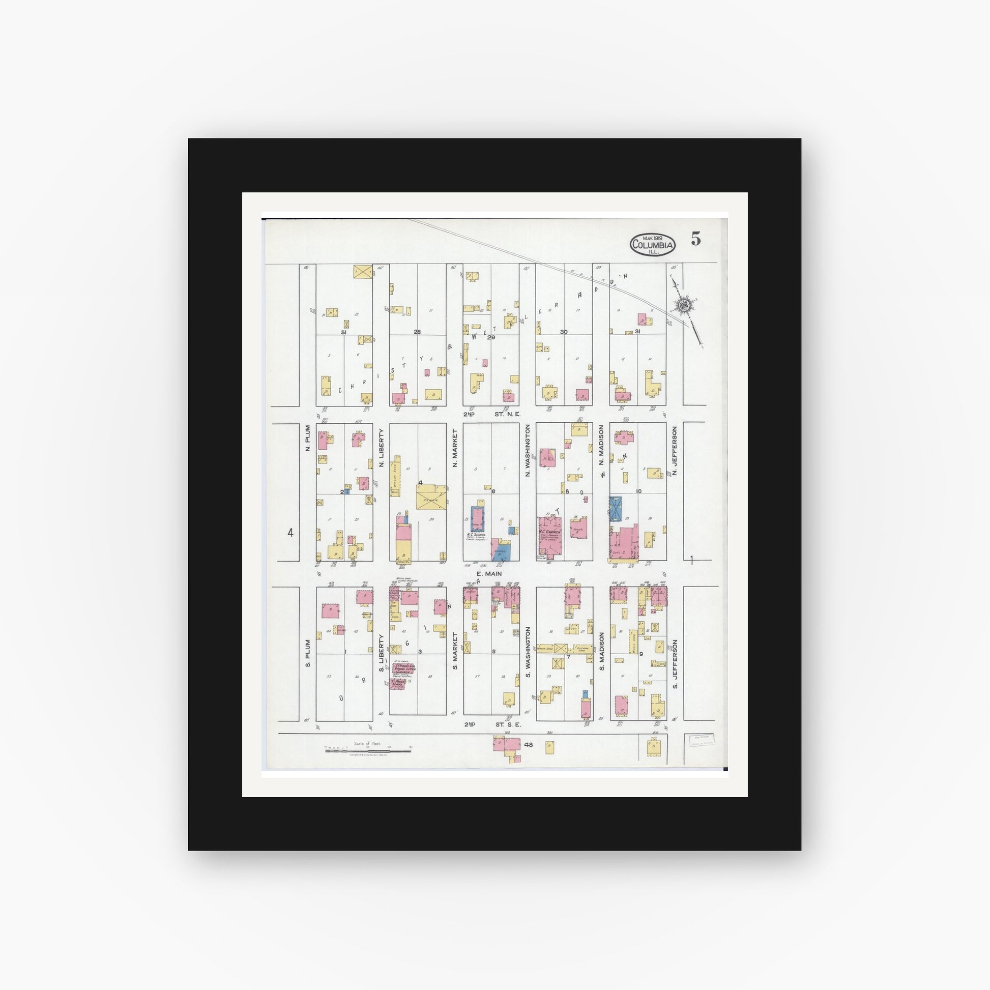 Old map wall art mockup — black gallery frame with white mat — Sanborn Fire Insurance Map from Columbia, Monroe County, Illinois (1919), Sheet #0005