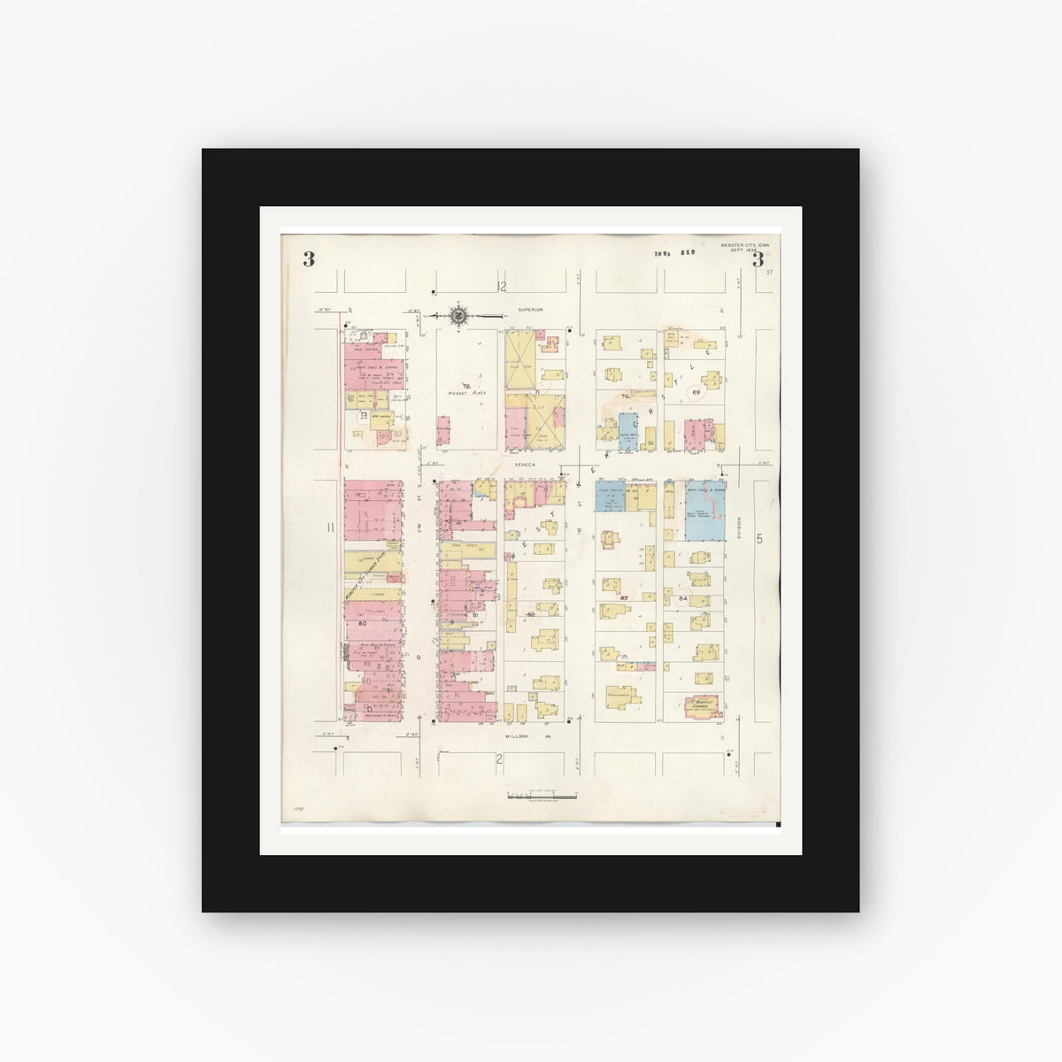 Old map wall art mockup — black gallery frame with white mat — Sanborn Fire Insurance Map from Webster City, Hamilton County, Iowa (1950), Sheet #0003