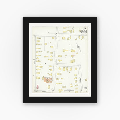 Old map wall art mockup — black gallery frame with white mat — Sanborn Fire Insurance Map from Greenfield, Franklin County, Massachusetts (1909), Sheet #0016