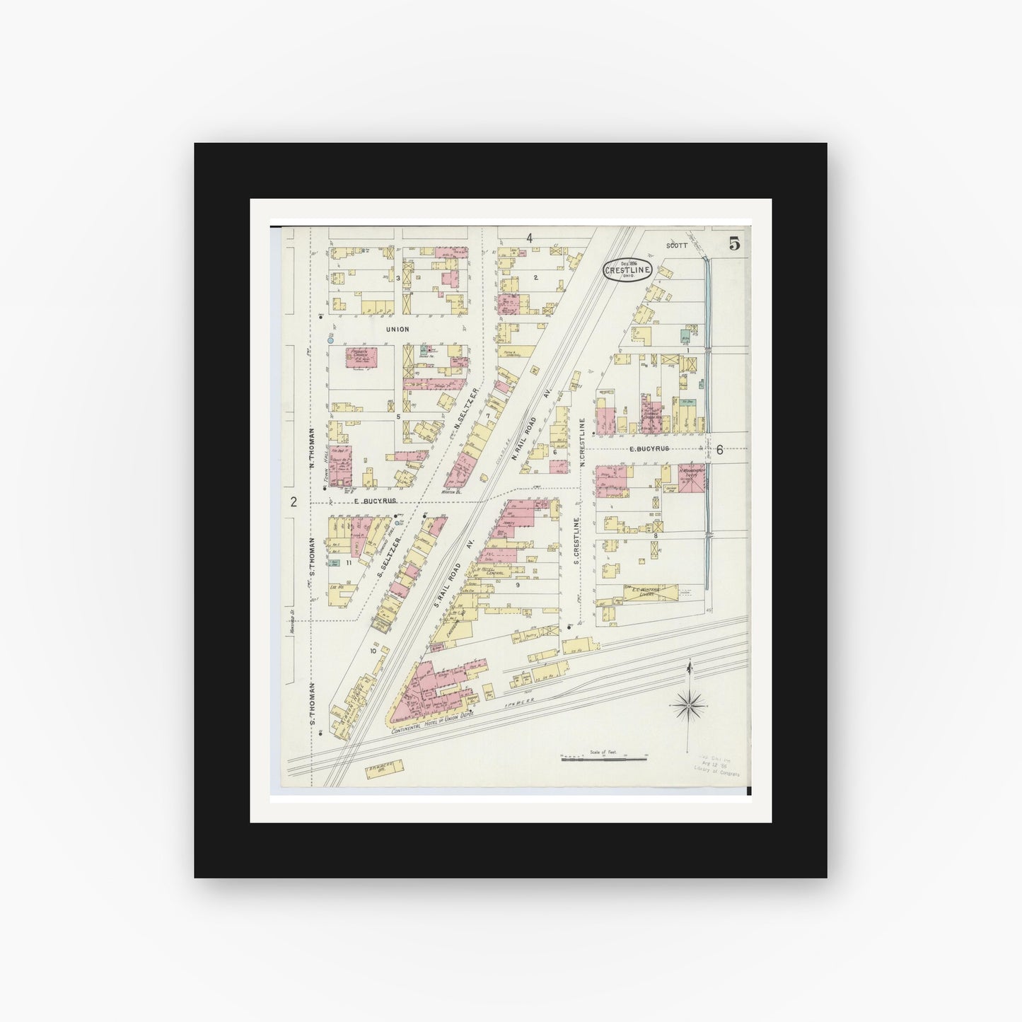 Old map wall art mockup — black gallery frame with white mat — Sanborn Fire Insurance Map from Crestline, Crawford County, Ohio (1896), Sheet #0005