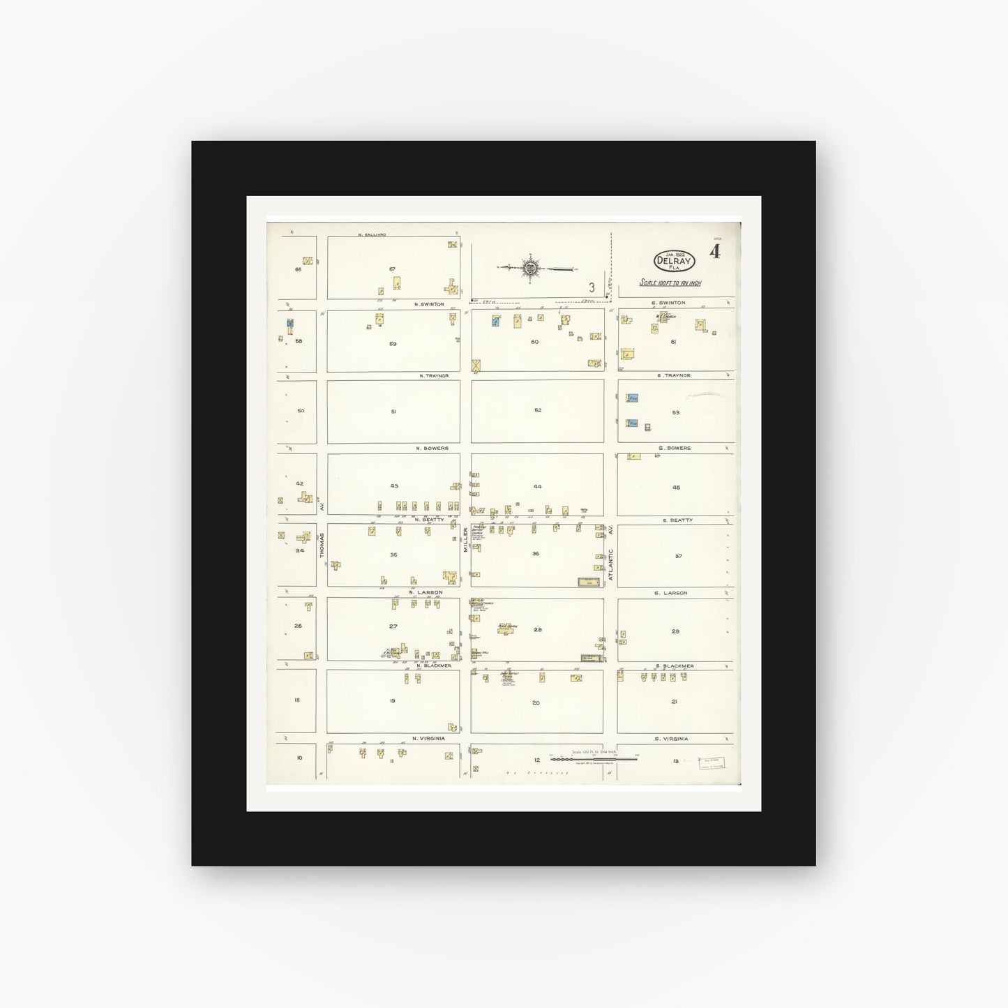 Old map wall art mockup — black gallery frame with white mat — Sanborn Fire Insurance Map from Delray, Palm Beach County, Florida (1922), Sheet #0004