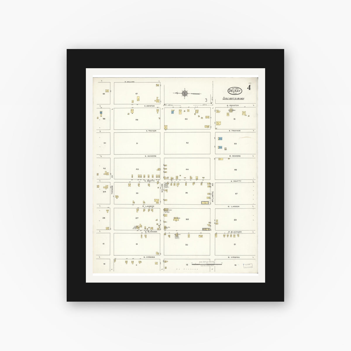 Old map wall art mockup — black gallery frame with white mat — Sanborn Fire Insurance Map from Delray, Palm Beach County, Florida (1922), Sheet #0004