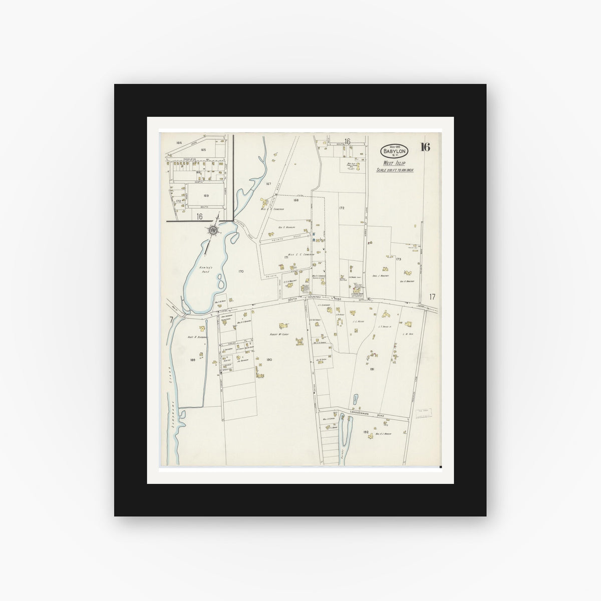 Old map wall art mockup — black gallery frame with white mat — Sanborn Fire Insurance Map from Babylon, Suffolk County, New York (1915), Sheet #0016