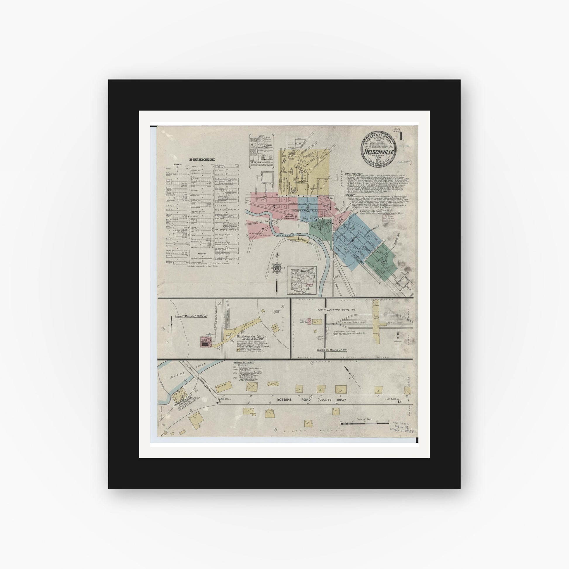 Old map wall art mockup — black gallery frame with white mat — Sanborn Fire Insurance Map from Nelsonville, Athens County, Ohio (1914), Sheet #0001