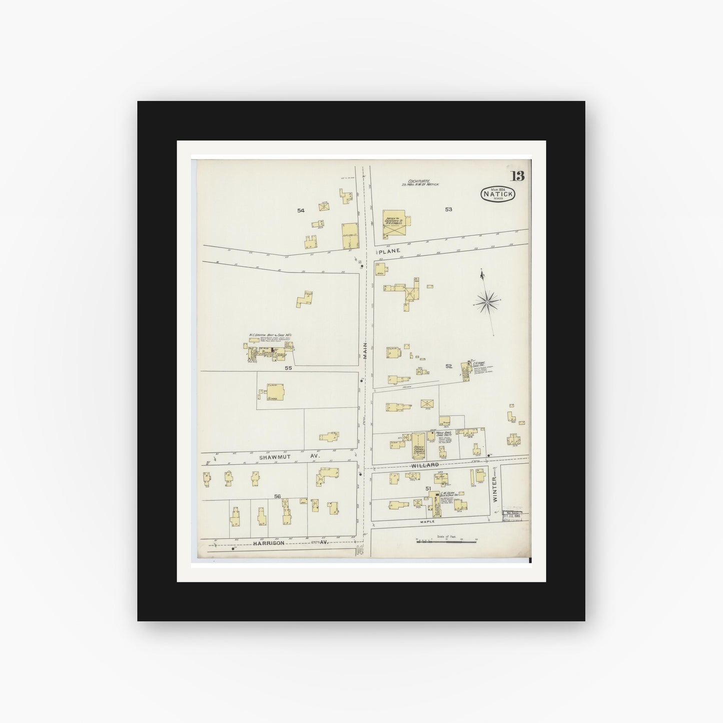 Old map wall art mockup — black gallery frame with white mat — Sanborn Fire Insurance Map from Natick, Middlesex County, Massachusetts (1894), Sheet #0013