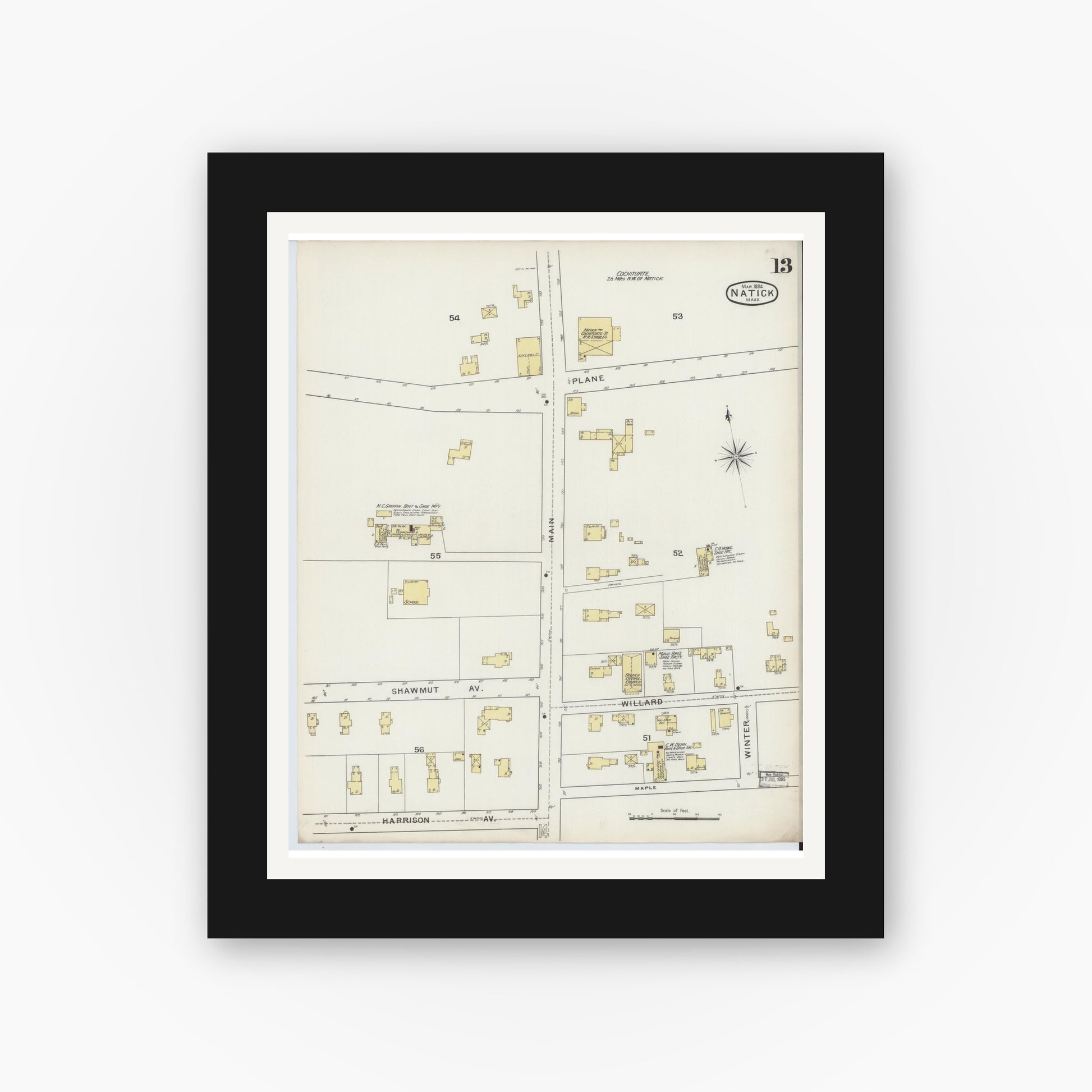 Old map wall art mockup — black gallery frame with white mat — Sanborn Fire Insurance Map from Natick, Middlesex County, Massachusetts (1894), Sheet #0013